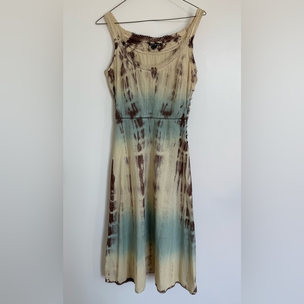 Lucky Brand Tie-Dye Midi Prairie Cottagecore Fairycore Dress Green Blue Brown